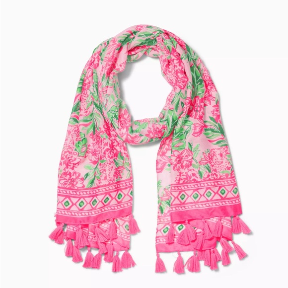 Lilly Pulitzer Lightweight Resort Scarf Tassel Trim Conch Shell Pink Koala La La - Picture 1 of 6